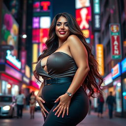 A curvy woman with large breasts wearing a stylish outfit that accentuates her figure, standing confidently against a vibrant city backdrop