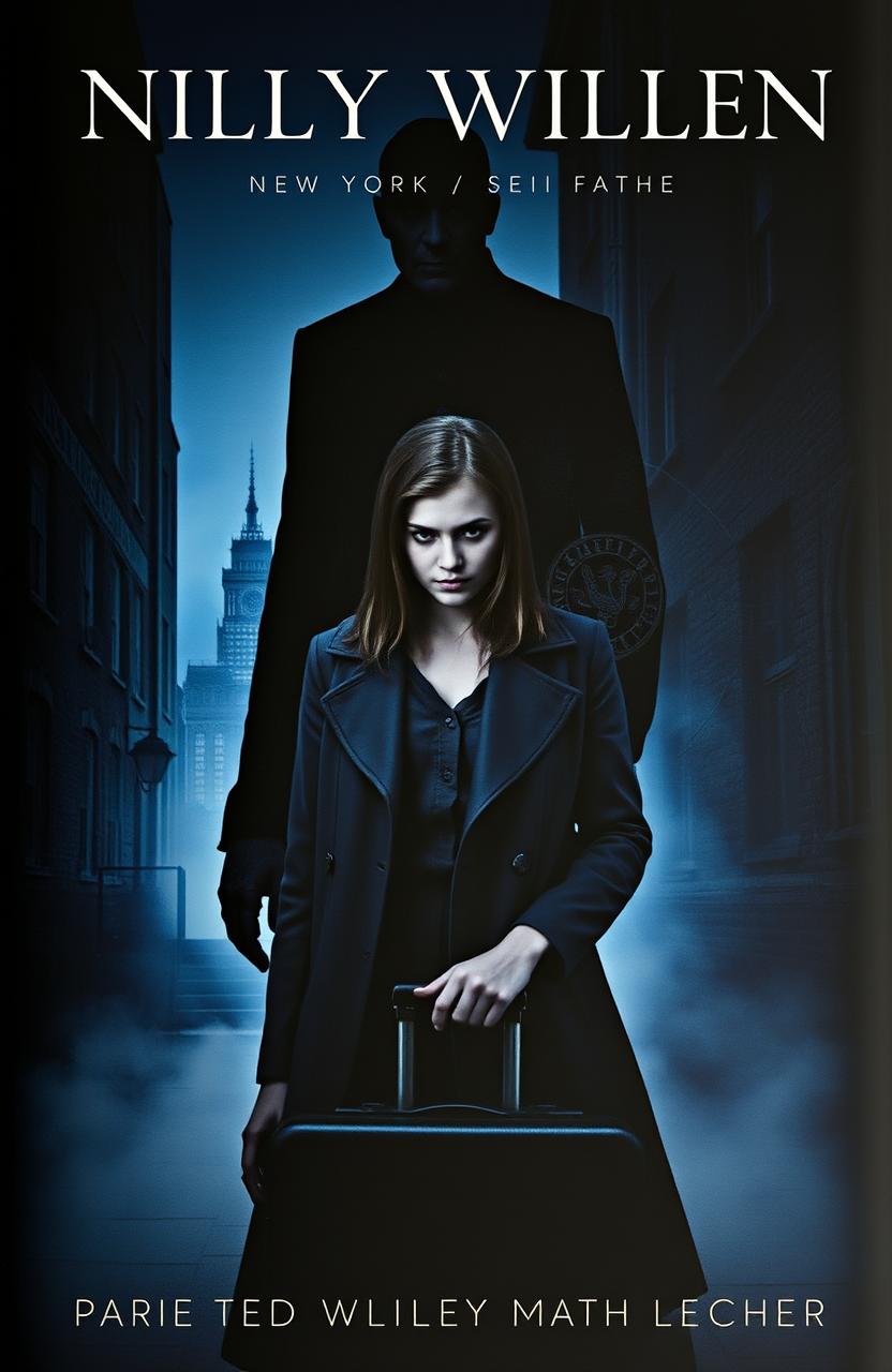 A dramatic and intense book cover depicting a young woman with a conflicted expression, standing in the shadows of a darkened New York City alley