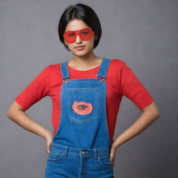 An Indian girl with short hair, sporting an eyepatch, wearing a vibrant red top and jeans.