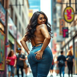 A confident woman with a curvy physique and a prominent backside, wearing form-fitting jeans that enhance her figure