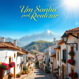 A captivating movie poster for 'Um Sonho Por Realizar', featuring a picturesque Portuguese town nestled in the mountains