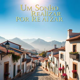 A captivating movie poster for 'Um Sonho Por Realizar', featuring a picturesque Portuguese town nestled in the mountains