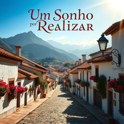 A captivating movie poster for 'Um Sonho Por Realizar', featuring a picturesque Portuguese town nestled in the mountains