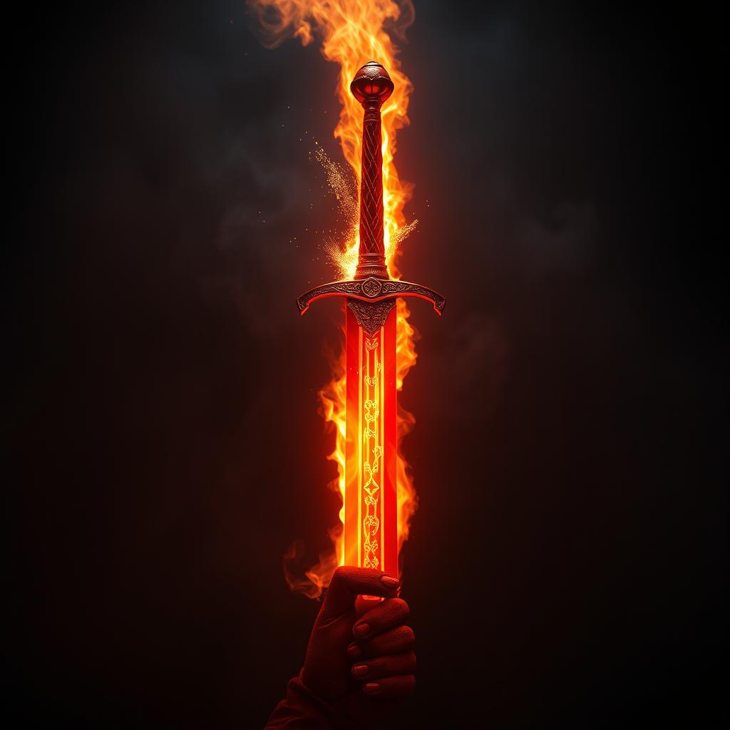 A magnificent sword engulfed in flames, the blade glowing with a vibrant orange and red hue that illuminates the surrounding area