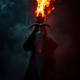 A magnificent sword engulfed in flames, the blade glowing with a vibrant orange and red hue that illuminates the surrounding area