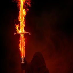 A magnificent sword engulfed in flames, the blade glowing with a vibrant orange and red hue that illuminates the surrounding area