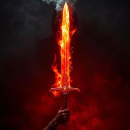 A magnificent sword engulfed in flames, the blade glowing with a vibrant orange and red hue that illuminates the surrounding area