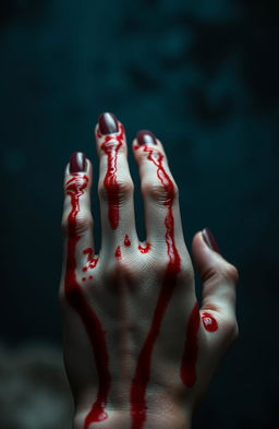 A close-up of a young woman's hand, intricately detailed and artistically positioned, covered in crimson red blood