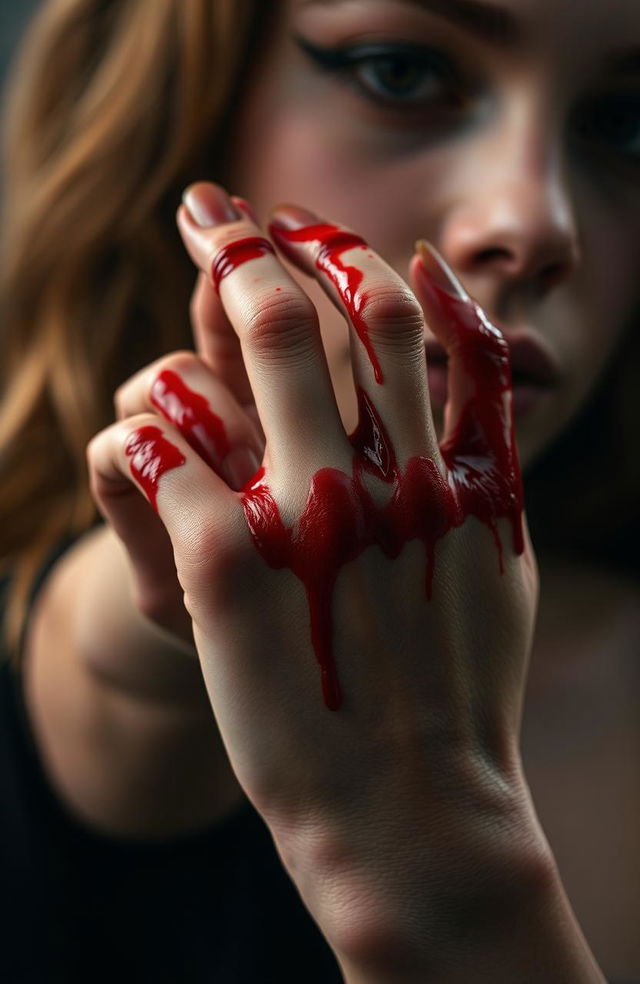 A close-up of a young woman's hand, intricately detailed and artistically positioned, covered in crimson red blood