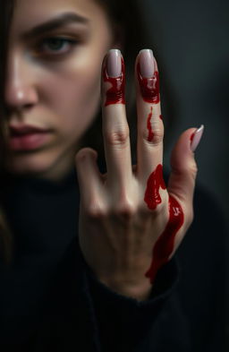 A close-up of a young woman's hand, intricately detailed and artistically positioned, covered in crimson red blood