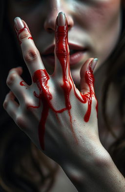 A close-up of a young woman's hand, intricately detailed and artistically positioned, covered in crimson red blood