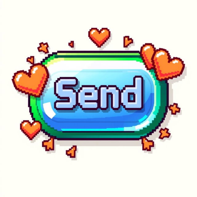 A pixel art style illustration featuring a vibrant, colorful 'send' button