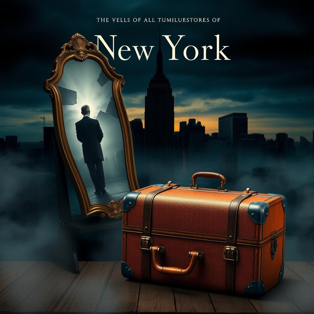 A classy and evocative book cover design featuring a richly detailed, dark New York City skyline at dusk, symbolizing the protagonist's tumultuous past