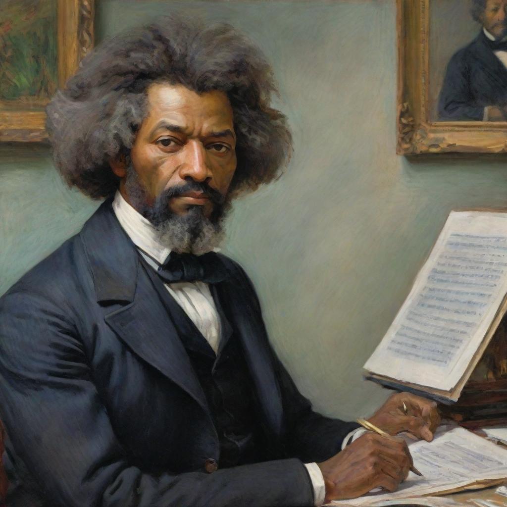 Illustrate a 20-year-old Frederick Douglass in deep intellectual pursuit in Claude Monet's impressionistic style, while a group of abolitionists observe him admiringly. The vibrant strokes highlight the respect in their gazes and Douglass's enlightening presence.