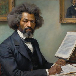 Illustrate a 20-year-old Frederick Douglass in deep intellectual pursuit in Claude Monet's impressionistic style, while a group of abolitionists observe him admiringly. The vibrant strokes highlight the respect in their gazes and Douglass's enlightening presence.