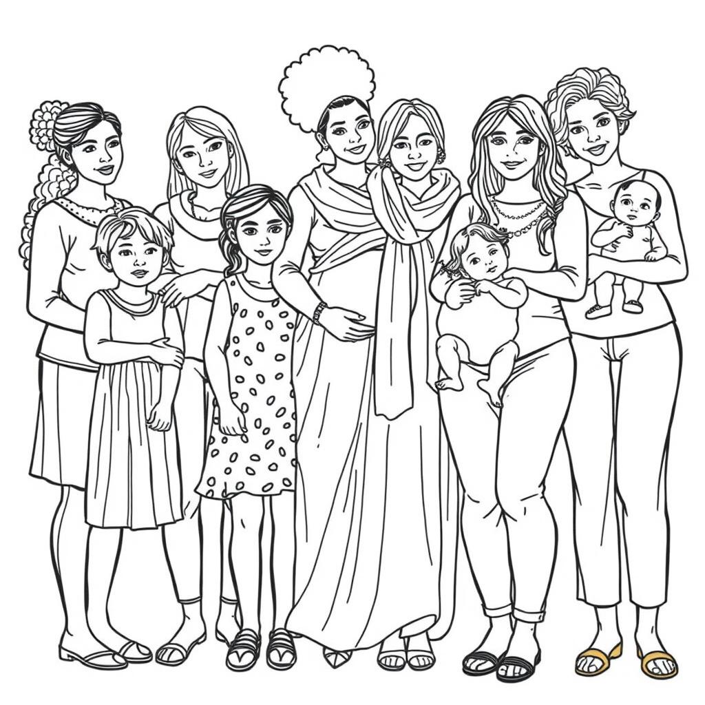 A highly detailed line drawing for a coloring book featuring a realistic scene of several women and girls of various ages, skin colors, and ethnic backgrounds standing next to each other