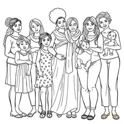 A highly detailed line drawing for a coloring book featuring a realistic scene of several women and girls of various ages, skin colors, and ethnic backgrounds standing next to each other