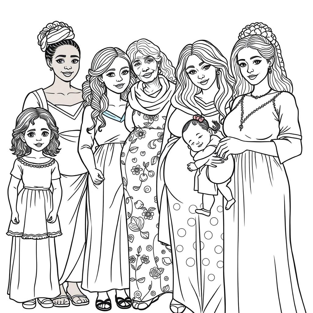 A highly detailed line drawing for a coloring book featuring a realistic scene of several women and girls of various ages, skin colors, and ethnic backgrounds standing next to each other