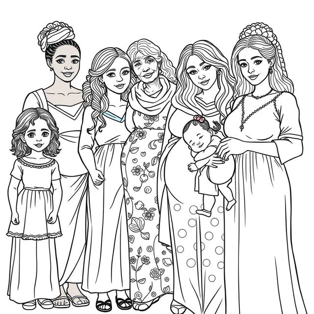 A highly detailed line drawing for a coloring book featuring a realistic scene of several women and girls of various ages, skin colors, and ethnic backgrounds standing next to each other