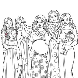 A highly detailed line drawing for a coloring book featuring a realistic scene of several women and girls of various ages, skin colors, and ethnic backgrounds standing next to each other