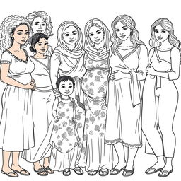 A highly detailed line drawing for a coloring book featuring a realistic scene of several women and girls of various ages, skin colors, and ethnic backgrounds standing next to each other