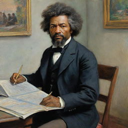 Illustrate a 20-year-old Frederick Douglass in deep intellectual pursuit in Claude Monet's impressionistic style, while a group of abolitionists observe him admiringly. The vibrant strokes highlight the respect in their gazes and Douglass's enlightening presence.