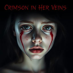 A haunting portrait of a young woman with a sorrowful expression, tears of crimson red blood streaming down her pale cheeks