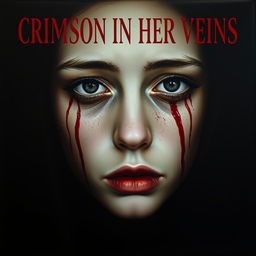 A haunting portrait of a young woman with a sorrowful expression, tears of crimson red blood streaming down her pale cheeks