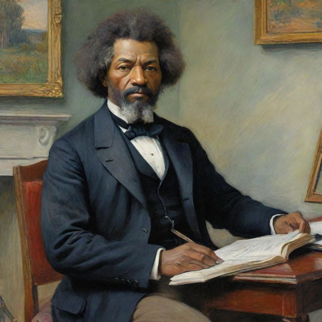 Illustrate a 20-year-old Frederick Douglass in deep intellectual pursuit in Claude Monet's impressionistic style, while a group of abolitionists observe him admiringly. The vibrant strokes highlight the respect in their gazes and Douglass's enlightening presence.