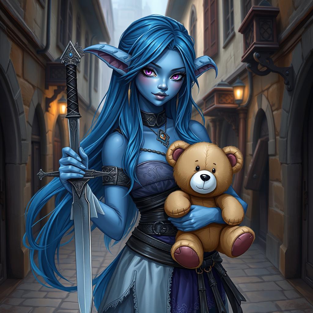 A stunningly beautiful female drow, with a sweet and innocent expression, 20 years old