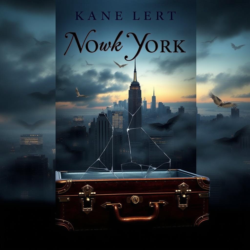 An elegant and sophisticated book cover design showcasing a dark, moody New York City skyline at twilight, adorned with soft, swirling fog to evoke a sense of mystery and tension