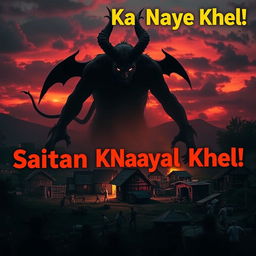 A dramatic and captivating YouTube thumbnail depicting a devil figure looming over a small village, casting a dark shadow