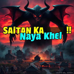 A dramatic and captivating YouTube thumbnail depicting a devil figure looming over a small village, casting a dark shadow