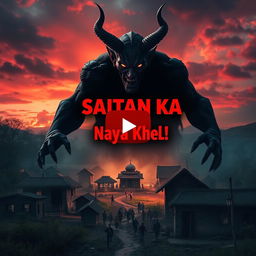 A dramatic and captivating YouTube thumbnail depicting a devil figure looming over a small village, casting a dark shadow