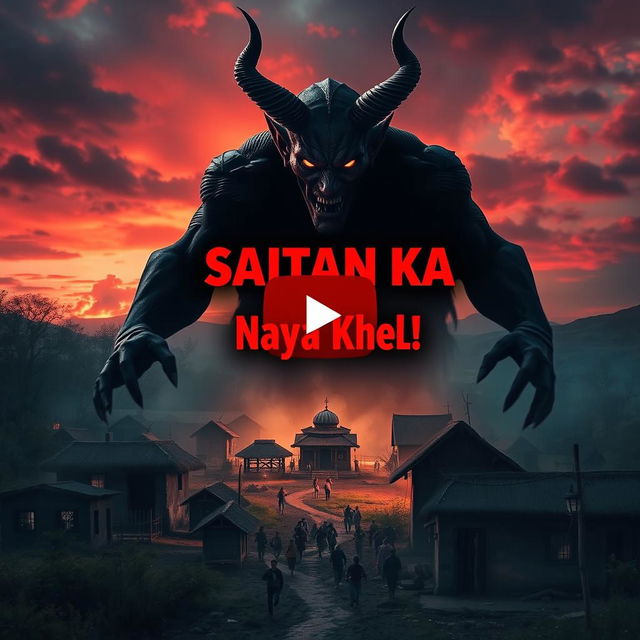 A dramatic and captivating YouTube thumbnail depicting a devil figure looming over a small village, casting a dark shadow