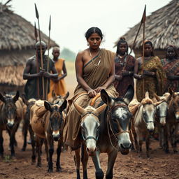 A dusky-skinned Indian lady, 25 years old, very tall and curvy with very large breasts, is riding an old donkey in a muted African village