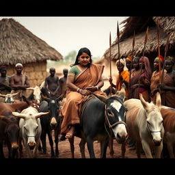 A dusky-skinned Indian lady, 25 years old, very tall and curvy with very large breasts, is riding an old donkey in a muted African village