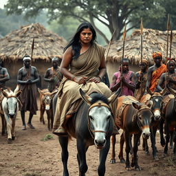 A dusky-skinned Indian lady, 25 years old, very tall and curvy with very large breasts, is riding an old donkey in a muted African village