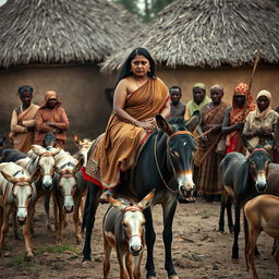 A dusky-skinned Indian lady, 25 years old, very tall and curvy with very large breasts, is riding an old donkey in a muted African village