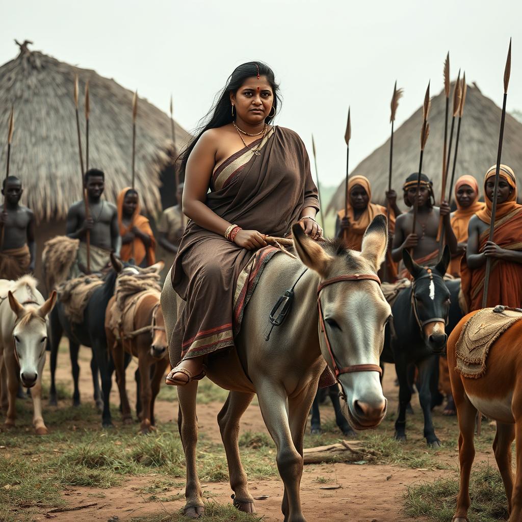 A dusky-skinned Indian lady, 25 years old, very tall with a curvy figure highlighted by her very large breasts, is nervously riding an old donkey in an African village