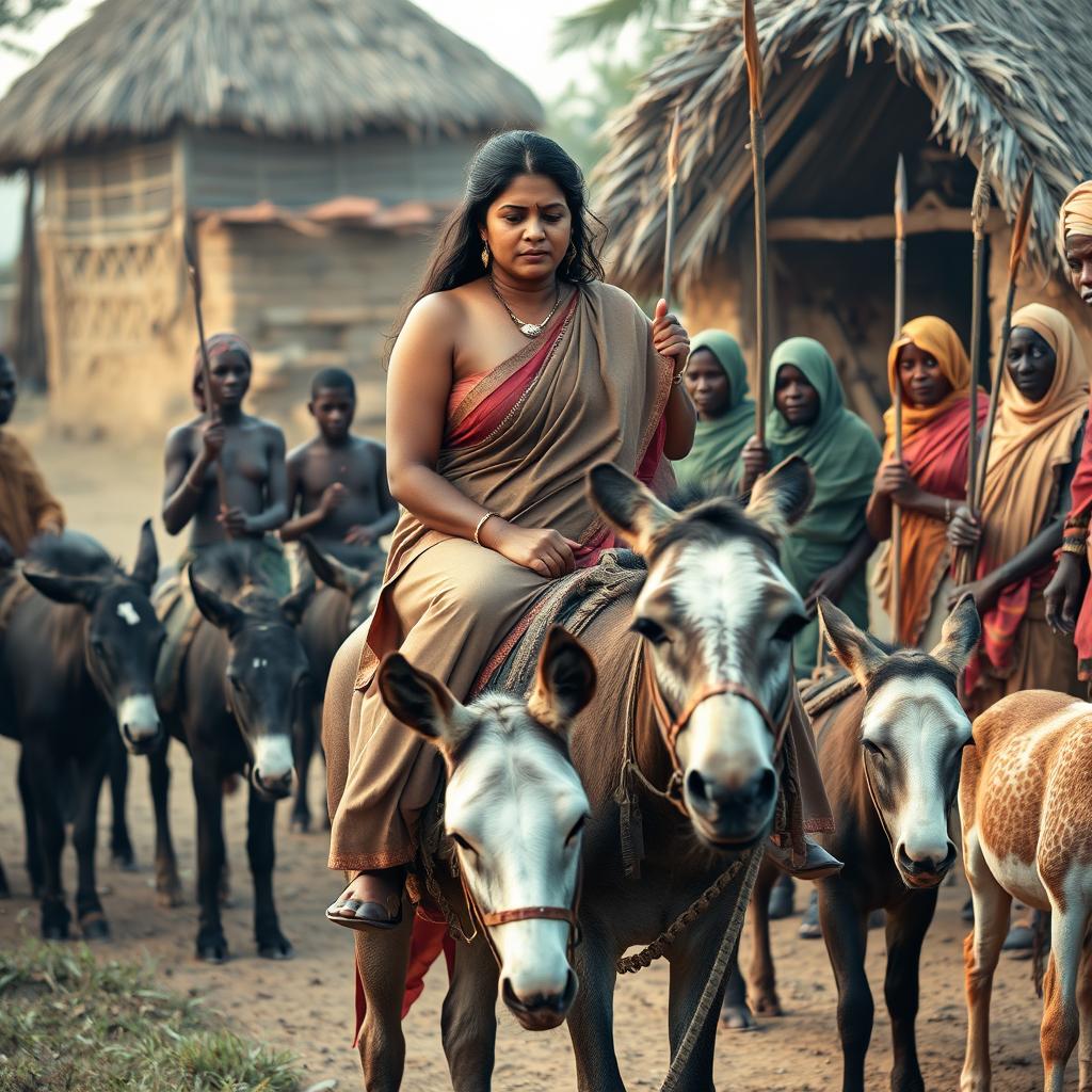 A dusky-skinned Indian lady, 25 years old, very tall with a curvy figure highlighted by her very large breasts, is nervously riding an old donkey in an African village