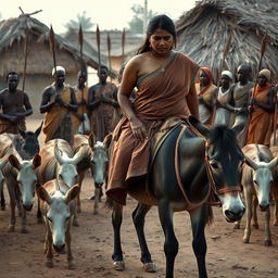 A dusky-skinned Indian lady, 25 years old, very tall with a curvy figure highlighted by her very large breasts, is nervously riding an old donkey in an African village