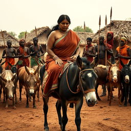 A dusky-skinned Indian lady, 25 years old, very tall with a curvy figure highlighted by her very large breasts, is nervously riding an old donkey in an African village