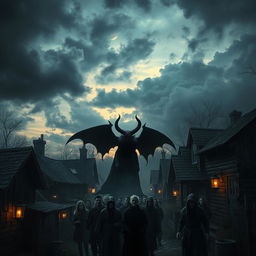 An ominous, dark village scene at twilight, where a menacing figure representing the Devil is casting an intimidating shadow over terrified villagers