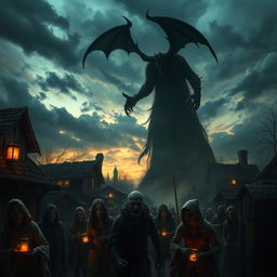 An ominous, dark village scene at twilight, where a menacing figure representing the Devil is casting an intimidating shadow over terrified villagers