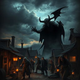 An ominous, dark village scene at twilight, where a menacing figure representing the Devil is casting an intimidating shadow over terrified villagers