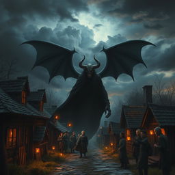 An ominous, dark village scene at twilight, where a menacing figure representing the Devil is casting an intimidating shadow over terrified villagers