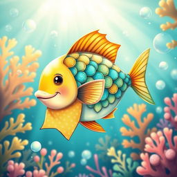 A charming illustration of a fish elegantly adorned in a fashionable cravat, showcasing a vibrant array of scales in hues of turquoise and gold