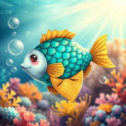 A charming illustration of a fish elegantly adorned in a fashionable cravat, showcasing a vibrant array of scales in hues of turquoise and gold