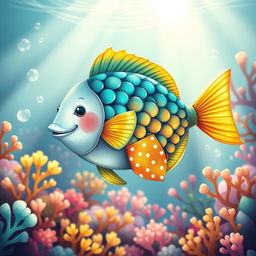 A charming illustration of a fish elegantly adorned in a fashionable cravat, showcasing a vibrant array of scales in hues of turquoise and gold